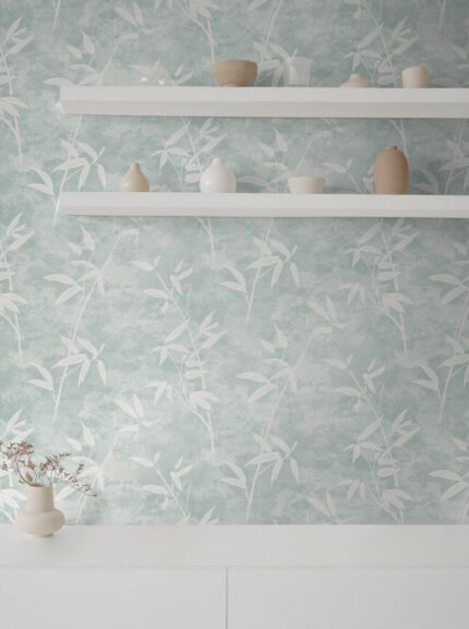 Honshu Bamboo - Lakeshore | Blues Trees and Leaves Wallpaper for Living Room, Kitchen, and Dining Room