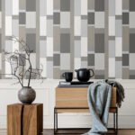 De Stijl Geometric - Hammered Steel and Metallic Silver | Silvers and Pewters Geometrics Wallpaper for Office, Accent Wall, and Kitchen