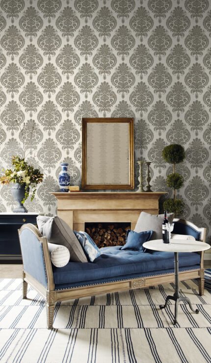 Antigua Damask - Charcoal and Ivory | Grays Damasks and Scrolls Wallpaper for Powder Room, Living Room, and Nursery