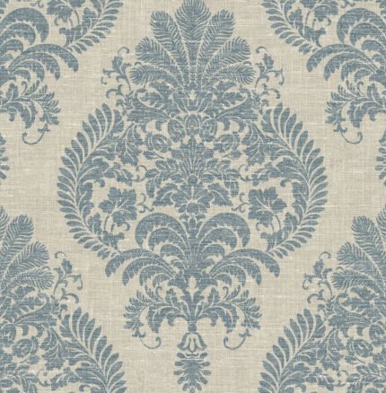 Antigua Damask - Air Force Blue and Alabaster | Blues Damasks and Scrolls Wallpaper for Accent Wall, Living Room, and Half Bath