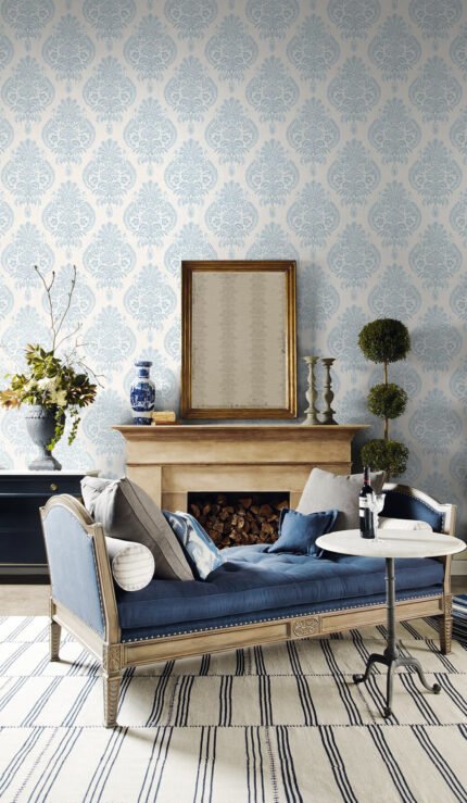 Antigua Damask - Blue Frost and Bone White | Blues Damasks and Scrolls Wallpaper for Powder Room, Entryway, and Kitchen