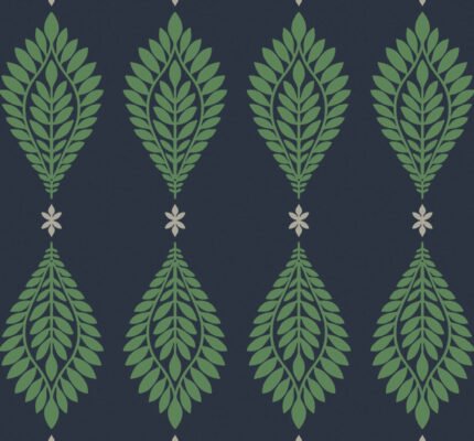 Mirasol Palm Frond - Midnight Blue and Spearmint | Blues Medallions Wallpaper for Accent Wall, Hallway, and Entryway