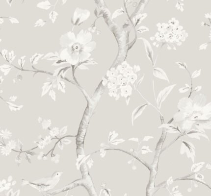 Southport Floral Trail - Metallic Silver and Fog | Silvers and Pewters Florals, Botanicals and Tropicals Wallpaper for Powder Room, Accent Wall, and Nursery