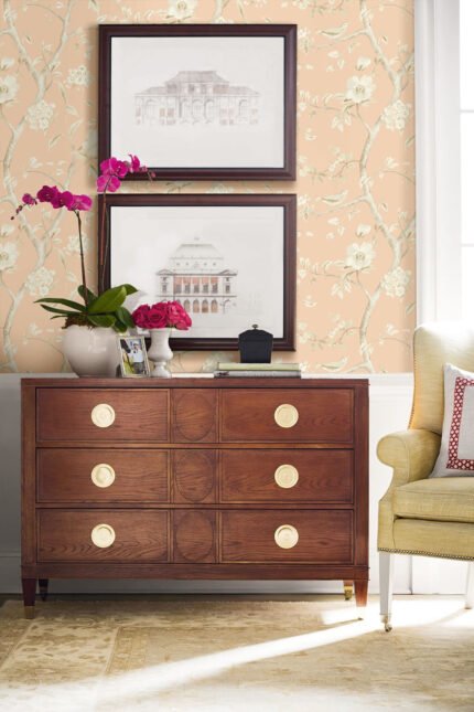 Southport Floral Trail - Soft Melon and Arrowroot | Pinks Florals, Botanicals and Tropicals Wallpaper for Hallway, Half Bath, and Powder Room