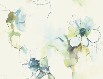 Anemone Watercolor Floral - Glacier Blue and Pear | Blues Florals, Botanicals and Tropicals Wallpaper for Nursery, Kitchen, and Dining Room