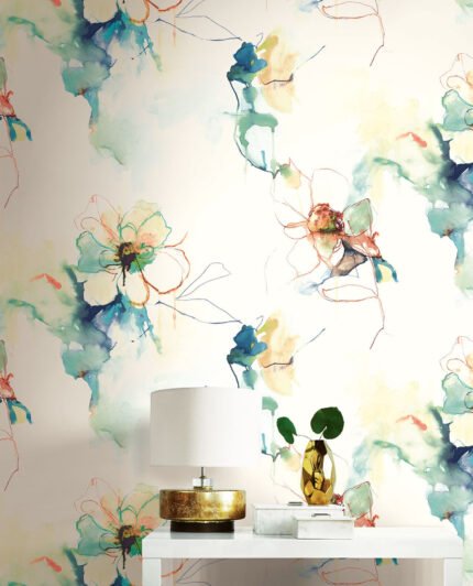 Anemone Watercolor Floral - Turquoise and Persimmon | Aquas and Teals Florals, Botanicals and Tropicals Wallpaper for Living Room, Nursery, and Kitchen