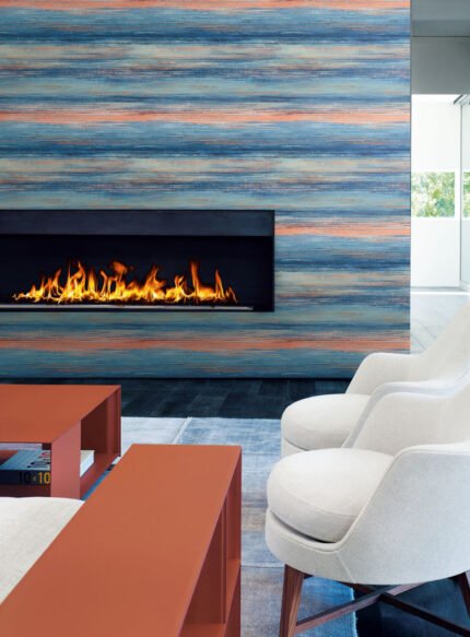 Sunset Stripes - Blueberry and Vermillion Orange | Blues Plaids, Checks and Stripes Wallpaper for Half Bath, Powder Room, and Office