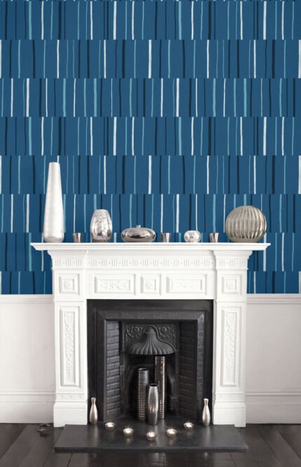 Block Lines - Blueberry, Midnight, and Blue Skies | Blues Plaids, Checks and Stripes Wallpaper for Entryway, Dining Room, and Accent Wall