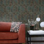 Rustic Geo - Rust, Forest Green, and Metallic Gold | Browns and Taupes Geometrics Wallpaper for Office, Accent Wall, and Entryway