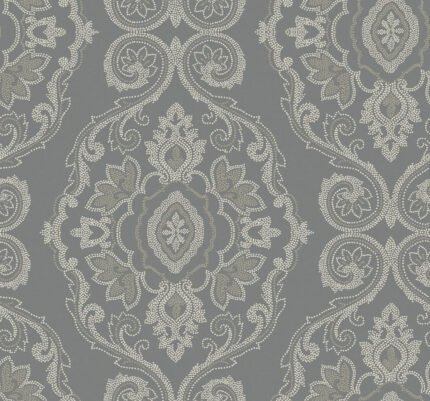 Nautical Damask - Black Sands | Grays Damasks and Scrolls Wallpaper for Powder Room, Half Bath, and Dining Room