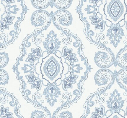 Nautical Damask - Coastal Blue | Blues Damasks and Scrolls Wallpaper for Accent Wall, Hallway, and Dining Room
