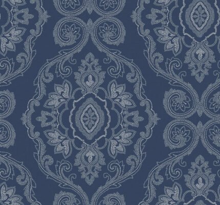 Nautical Damask - Nautical Blue | Blues Damasks and Scrolls Wallpaper for Entryway, Half Bath, and Dining Room