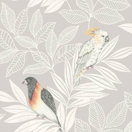 Paradise Island Birds - Daydream Gray and Ivory | Grays Animals, Birds and Insects Wallpaper for Powder Room, Office, and Hallway