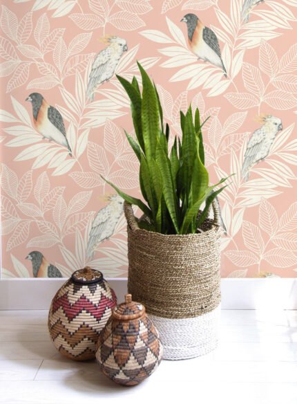 Paradise Island Birds - Pink Sunset and Ivory | Pinks Animals, Birds and Insects Wallpaper for Living Room, Kitchen, and Entryway