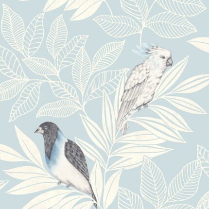 Paradise Island Birds - Blue Oasis and Ivory | Blues Animals, Birds and Insects Wallpaper for Nursery, Accent Wall, and Powder Room