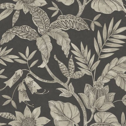 Rainforest Leaves - Brushed Ebony and Stone | Blacks Florals, Botanicals and Tropicals Wallpaper for Bedroom, Accent Wall, and Dining Room
