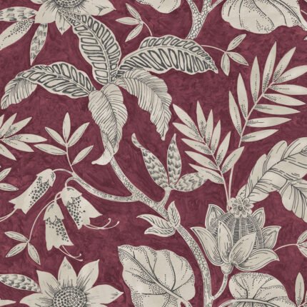 Rainforest Leaves - Cranberry and Stone | Reds Florals, Botanicals and Tropicals Wallpaper for Half Bath, Entryway, and Accent Wall