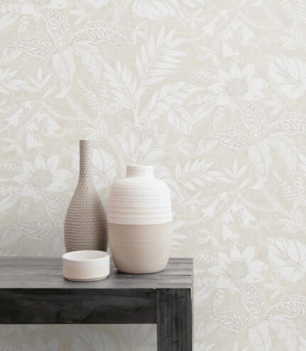 Rainforest Leaves - Sand Dune and Brushed Taupe | Warm Neutrals and Beiges Florals, Botanicals and Tropicals Wallpaper for Accent Wall, Office, and Bedroom