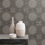 Mandala Boho Tile - Brushed Ebony and Stone | Blacks Tiles Wallpaper for Office, Hallway, and Dining Room