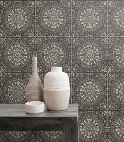 Mandala Boho Tile - Brushed Ebony and Stone | Blacks Tiles Wallpaper for Office, Hallway, and Dining Room