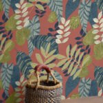 Tropicana Leaves - Redwood, Olive, and Washed Denim | Reds Florals, Botanicals and Tropicals Wallpaper for Dining Room, Powder Room, and Kitchen