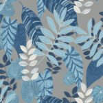 Tropicana Leaves - Metallic Gray, Sky Blue, and Champlain | Blues Florals, Botanicals and Tropicals Wallpaper for Living Room, Dining Room, and Office