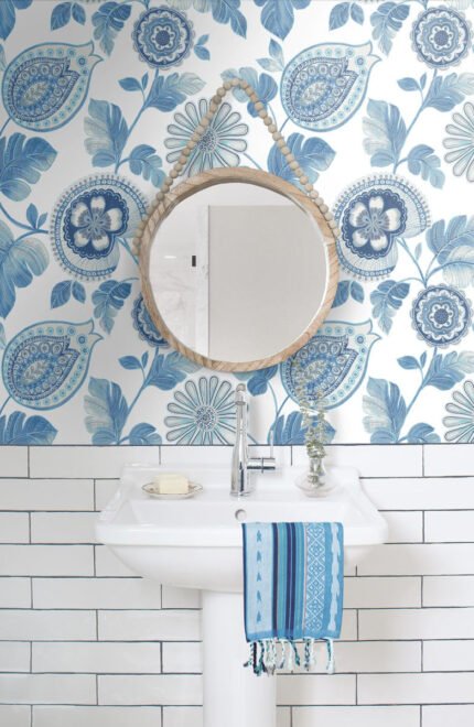 Calypso Paisley Leaf - Blue Oasis and Ivory | Blues Florals, Botanicals and Tropicals Wallpaper for Office, Bedroom, and Half Bath