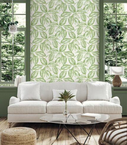 Beckett - Apple Green | Greens Trees and Leaves Wallpaper for Dining Room, Office, and Accent Wall