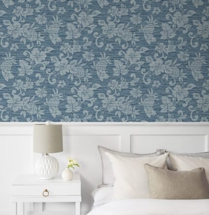 Juno - Bay Blue | Blues Florals, Botanicals and Tropicals Wallpaper for Entryway, Half Bath, and Hallway