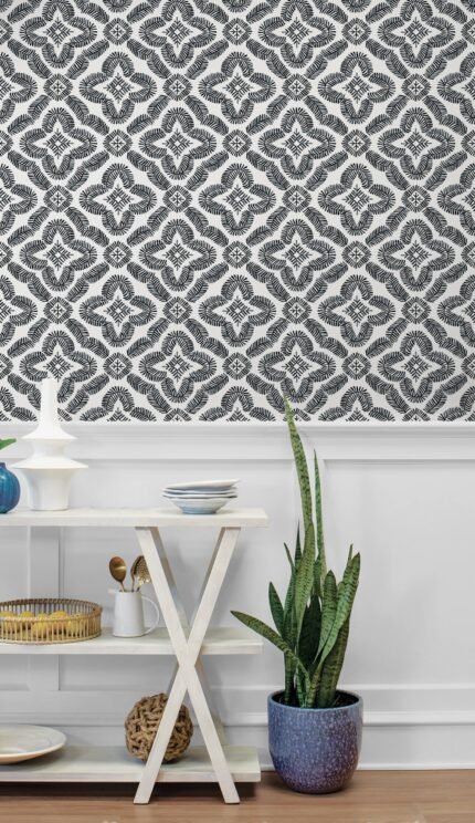 Talia - Black and White | Blacks Medallions Wallpaper for Office, Entryway, and Living Room