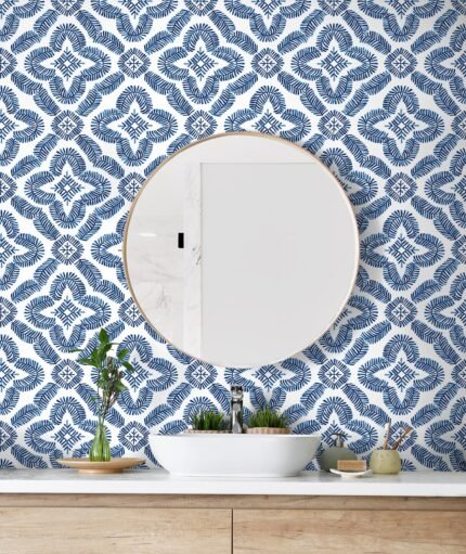 Talia - Cottage Blue | Navys Medallions Wallpaper for Half Bath, Entryway, and Nursery