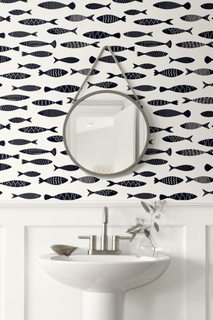Bay - Black and White | Blacks Nautical Wallpaper for Nursery, Half Bath, and Entryway