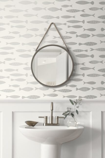 Bay - Silver Sea | Silvers and Pewters Nautical Wallpaper for Powder Room, Office, and Dining Room