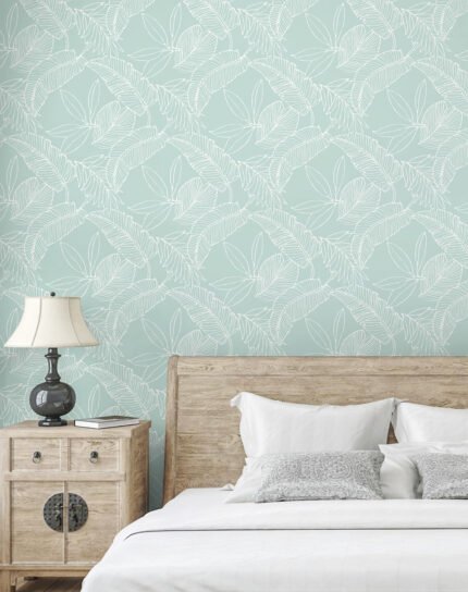 Tropical Breeze | Aquas and Teals Trees and Leaves Wallpaper for Dining Room, Kitchen, and Half Bath