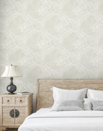 Tropical Breeze | Warm Neutrals and Beiges Trees and Leaves Wallpaper for Powder Room, Dining Room, and Kitchen