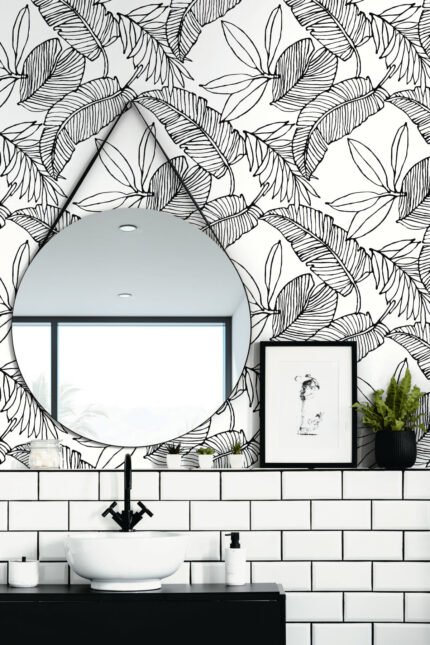 Tropical Breeze | Blacks Trees and Leaves Wallpaper for Kitchen, Entryway, and Nursery