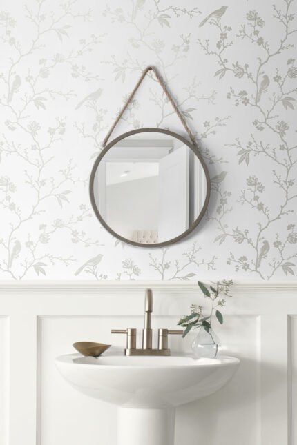 Song Bird | Whites and Off Whites Trees and Leaves Wallpaper for Half Bath, Powder Room, and Bedroom
