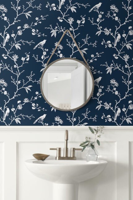Song Bird | Navys Trees and Leaves Wallpaper for Accent Wall, Bedroom, and Kitchen