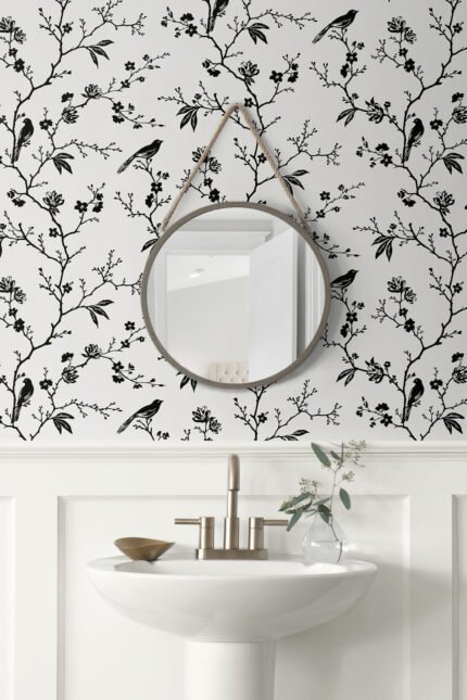 Song Bird | Blacks Trees and Leaves Wallpaper for Hallway, Entryway, and Powder Room