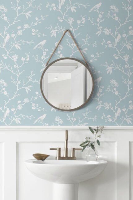 Song Bird | Blues Trees and Leaves Wallpaper for Bedroom, Living Room, and Entryway