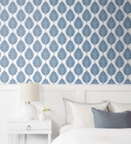 Jaipur Block Print | Blues Trees and Leaves Wallpaper for Powder Room, Office, and Dining Room
