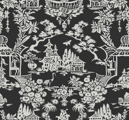 Spring Festival | Blacks Asian and Chinoiseries Wallpaper for Powder Room, Kitchen, and Dining Room