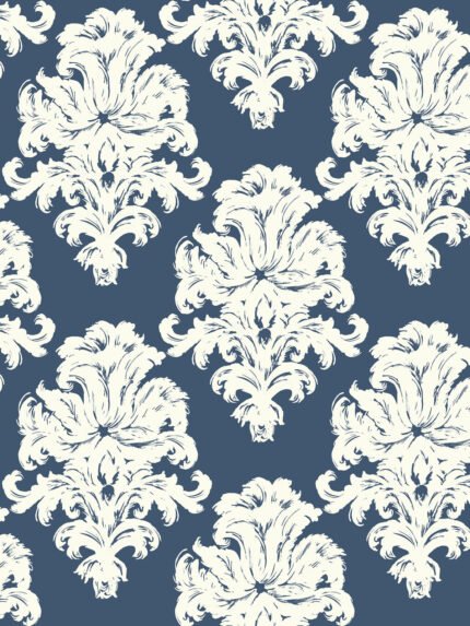 Montserrat - Prussian Blue and White | Blues Damasks and Scrolls Wallpaper for Half Bath, Kitchen, and Bedroom