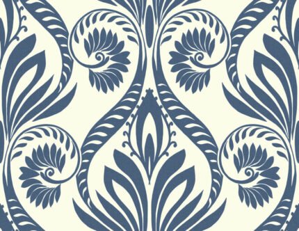 Bonaire - Navy Blue and White | Blues Damasks and Scrolls Wallpaper for Nursery, Powder Room, and Dining Room