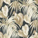 Dominica - Black, Metallic Gold, Camel, and White | Blacks Florals, Botanicals and Tropicals Wallpaper for Living Room, Entryway, and Powder Room
