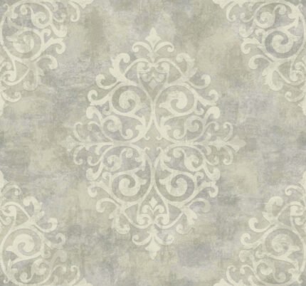 Galena - Tin | Silvers and Pewters Damasks and Scrolls Wallpaper for Nursery, Living Room, and Kitchen
