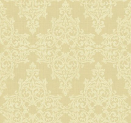 Iron Damask - Metallic Biscotti | Yellows Damasks and Scrolls Wallpaper for Powder Room, Half Bath, and Living Room