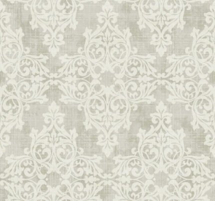 Iron Damask - Metallic Fog | Grays Damasks and Scrolls Wallpaper for Office, Entryway, and Hallway