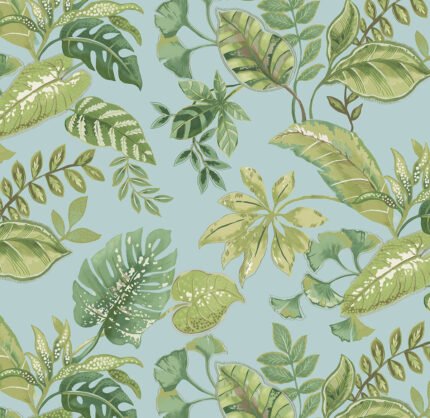 Tropical Leaf | Blues Florals, Botanicals and Tropicals Wallpaper for Kitchen, Powder Room, and Hallway