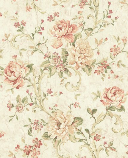 Floral Scroll - Cream and Peach | Pinks Damasks and Scrolls Wallpaper for Entryway, Living Room, and Powder Room